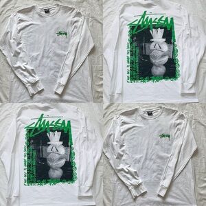 Stussy White Tribal Long Sleeve Shirt with Green Graphic
